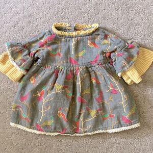 YO BABY gray ruffled bird-print dress, 3-6M.